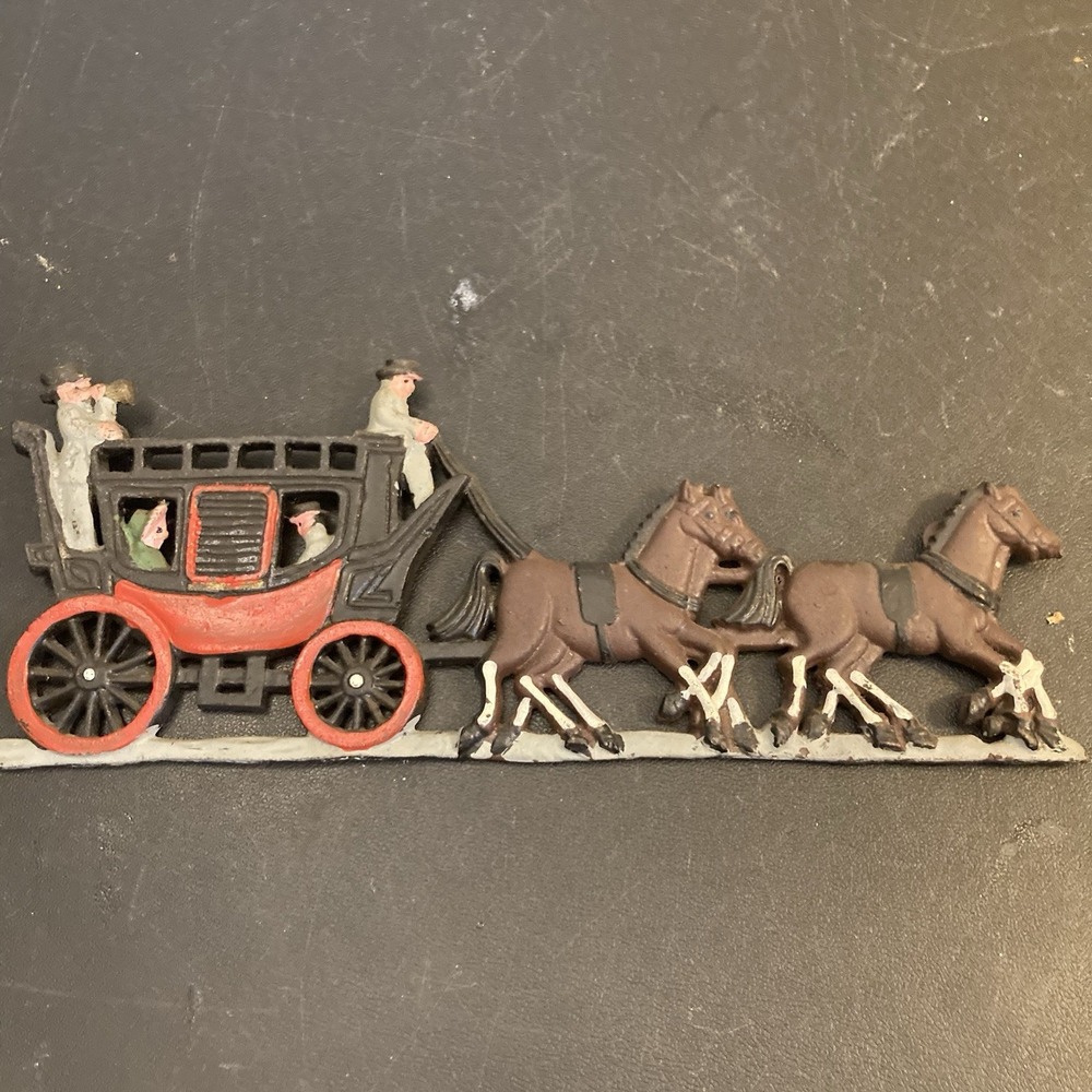 Horse‎ Carriage Cast Metal Hand Painted Art Vtg Wall Hang Amish Mount Folk Buggy